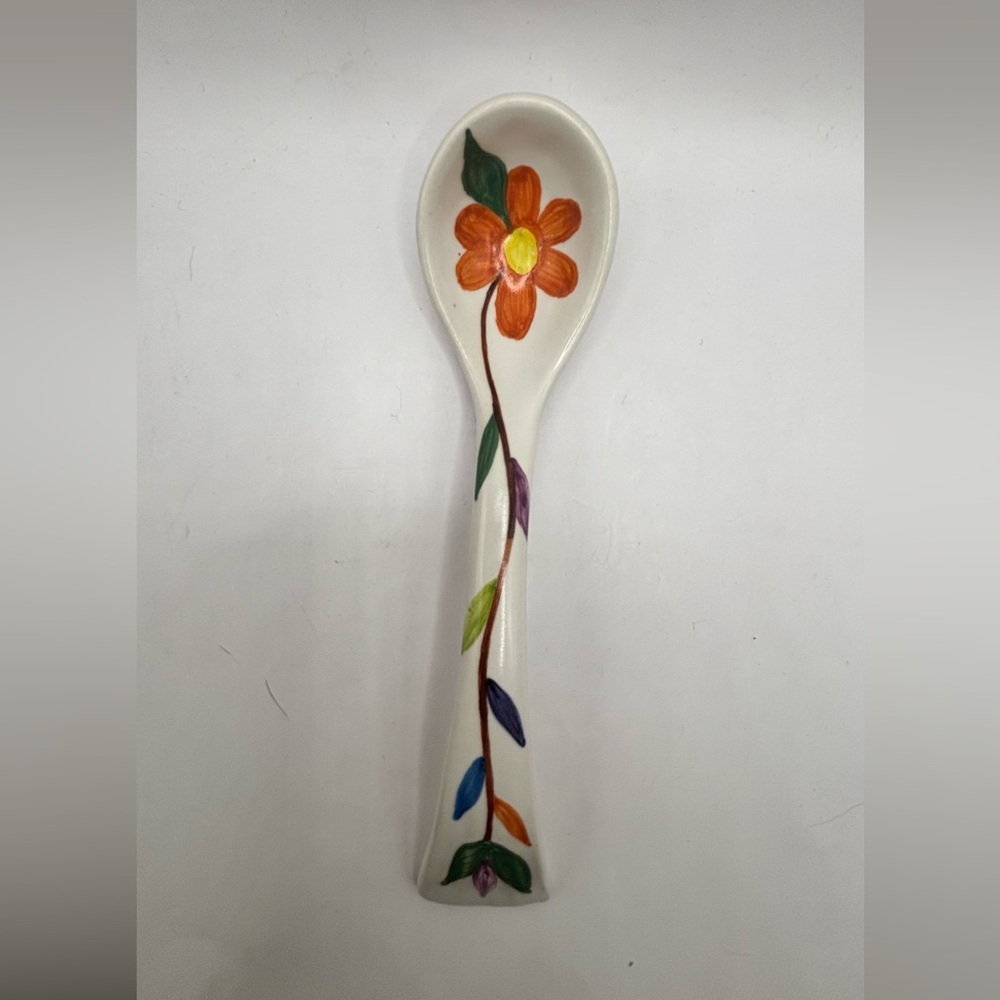 Hand-Painted Floral Ceramic Decorative Spoon - Orange Flower 7.5” long